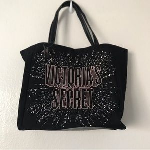 Victoria's Secret Logo Black Pink Metallic Celestial Stars Medium Tote Bag